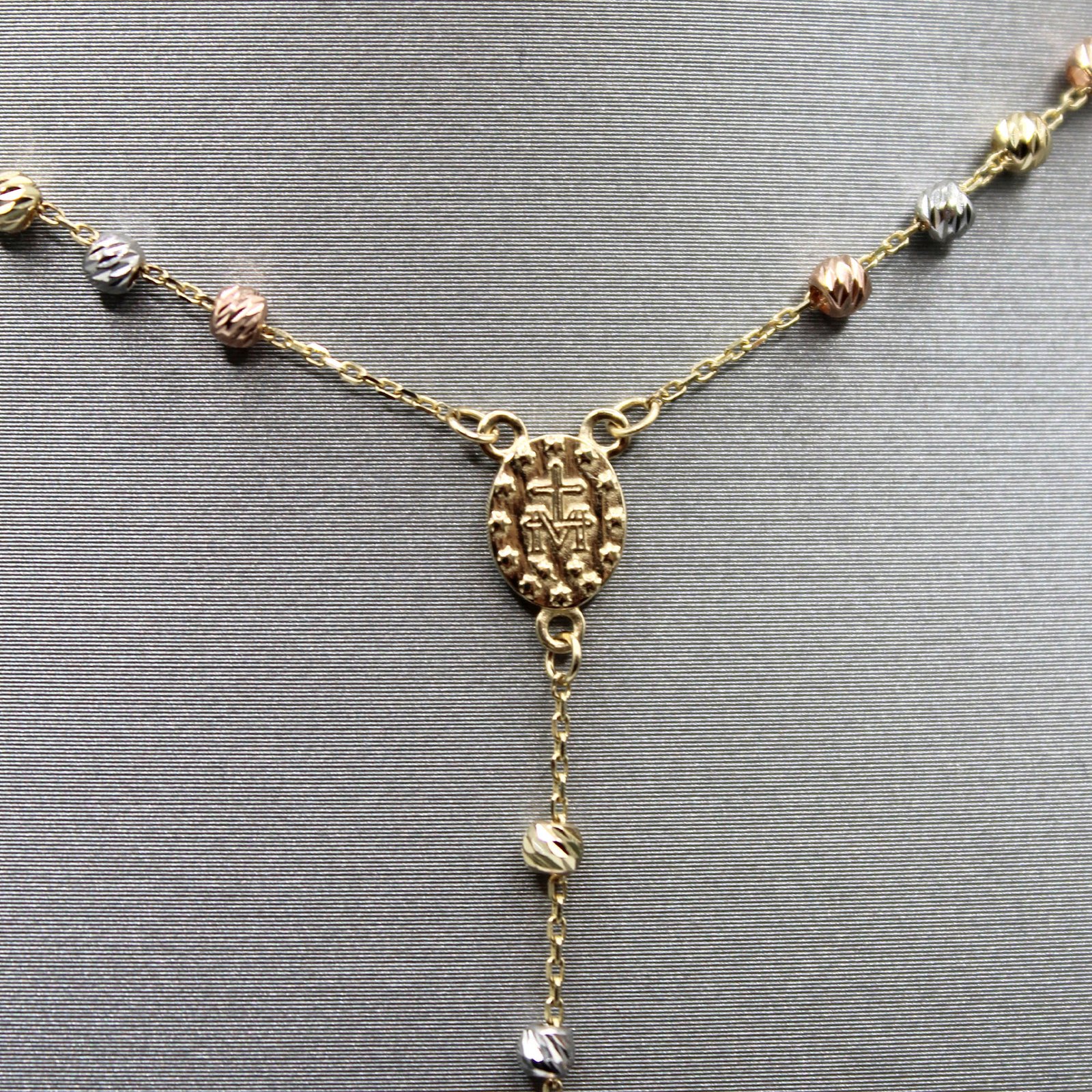 Tri-Color Gold Beaded Rosary Lariat Necklace – 14KT Gold - Image 5