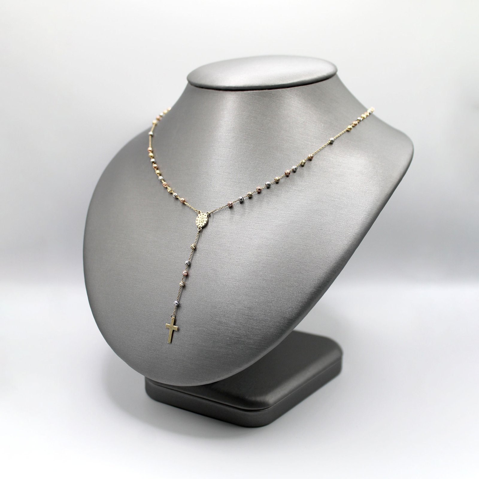 Tri-Color Gold Beaded Rosary Lariat Necklace – 14KT Gold - Image 4