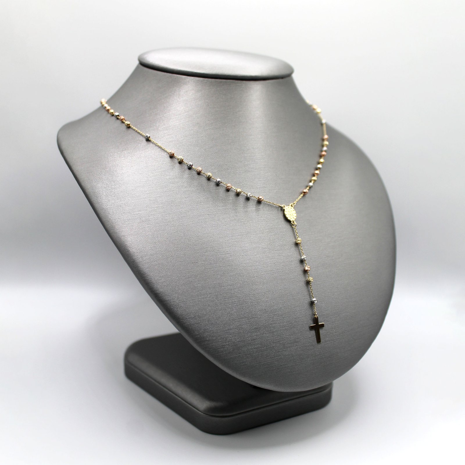 Tri-Color Gold Beaded Rosary Lariat Necklace – 14KT Gold - Image 2