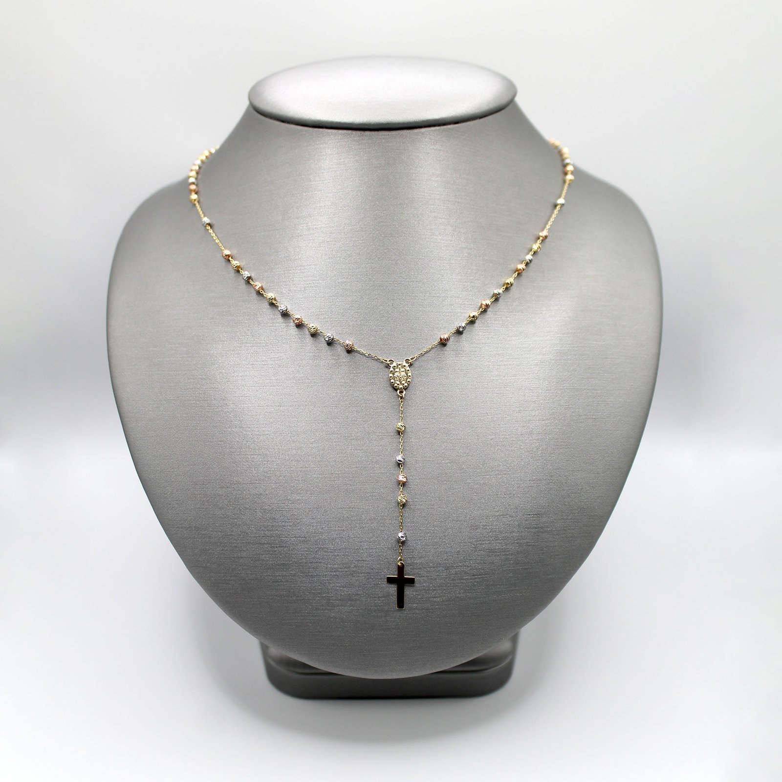 Tri-Color Gold Beaded Rosary Lariat Necklace – 14KT Gold