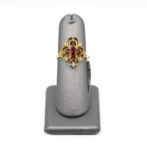 Red & White Stone Accent Filigree Ring  – 14KT , Size 7 1/4
