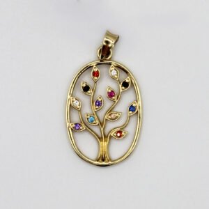 Multi-Color Stone Tree of Life Pendant – 14KT Gold