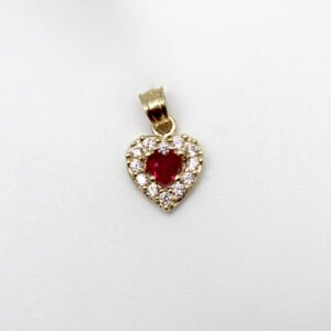 Vivid Red Stone Heart Pendant with Zirconia Halo – 10KT Gold