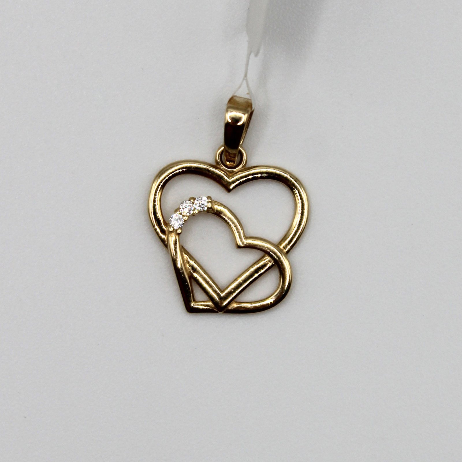 Interlocking Double Heart Pendant with White Stone Accents – 14KT Gold