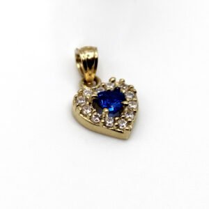 Deep Blue Stone Heart Pendant with Zirconia Halo – 10KT Gold