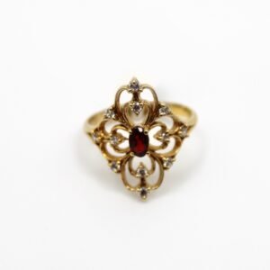 Red & White Stone Floral Filigree Ring– 14KT, Size 6