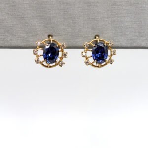 Blue Color Stone Cluster Hoop Earrings – 10KT Gold Women’s