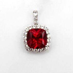 Cushion-Cut Red Color Stone Halo Pendant – 10KT White Metal