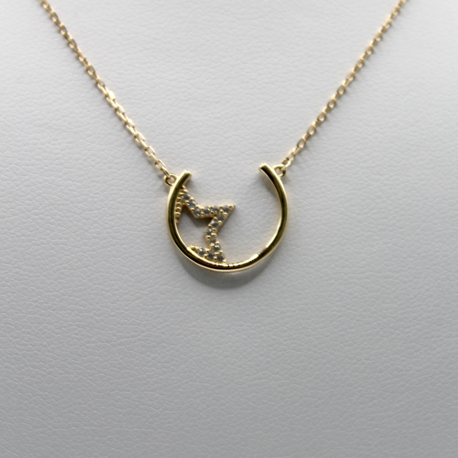 Pave White Stone Moon and Star Pendant Necklace – 14KT Gold Women’s - Image 2