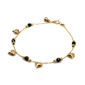Black Beads & Hearts – 14KT Gold Bracelet
