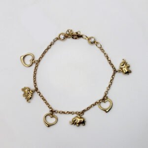 Elephant and Heart Charm Bracelet – 14KT Gold – 7"