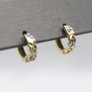 Two-Tone Diamond-Cut Pattern Huggie Hoop Earrings – 10KT Gold