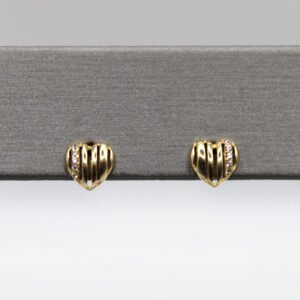 Crystal Accent Ribbed Heart Stud Earrings – 14KT Yellow Gold
