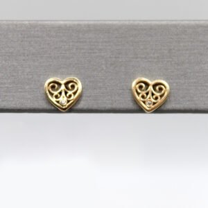 Filigree Heart Stud Earrings with Diamond Accents – 14KT Yellow Gold