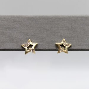 Polished Open Star Stud Earrings with Crystal Accents – 14KT Yellow Gold